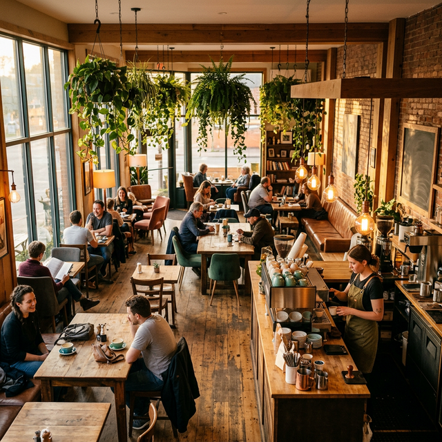 Modern cafe iç mekanı, sıcak aydınlatma ve barista
